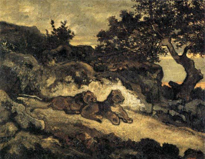 Antoine louis barye Lions near their Den oil painting image